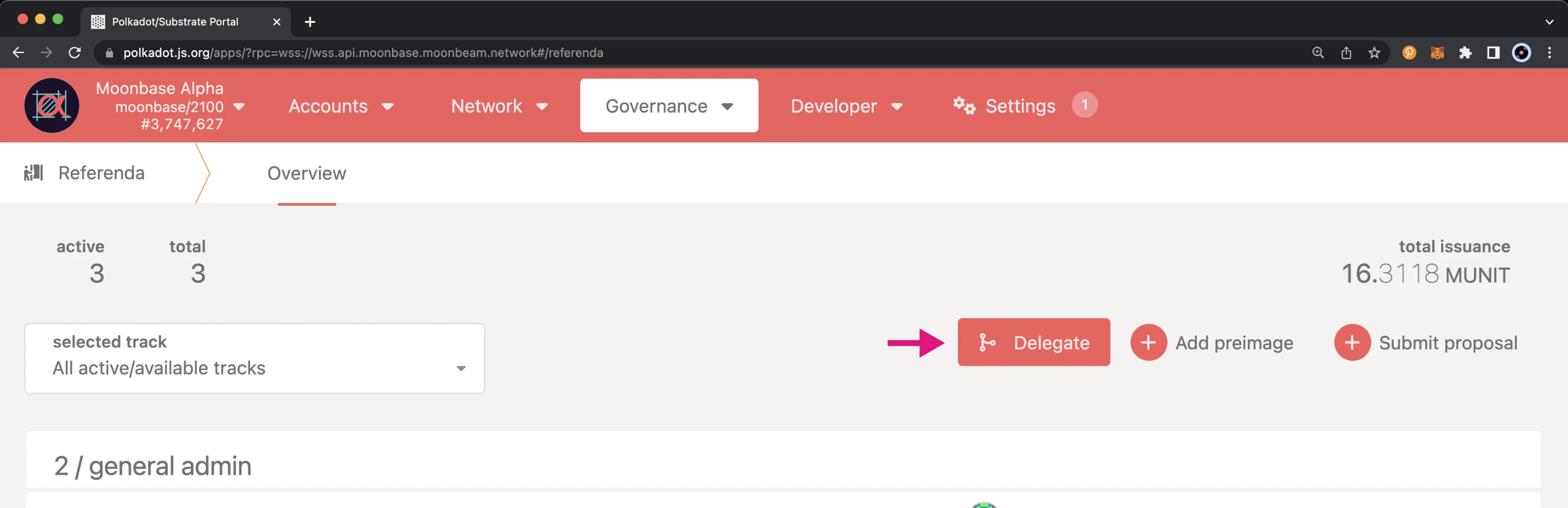 To submit a delegate vote on a referendum, click on the "Delegate" button on Polkadot.js Apps.