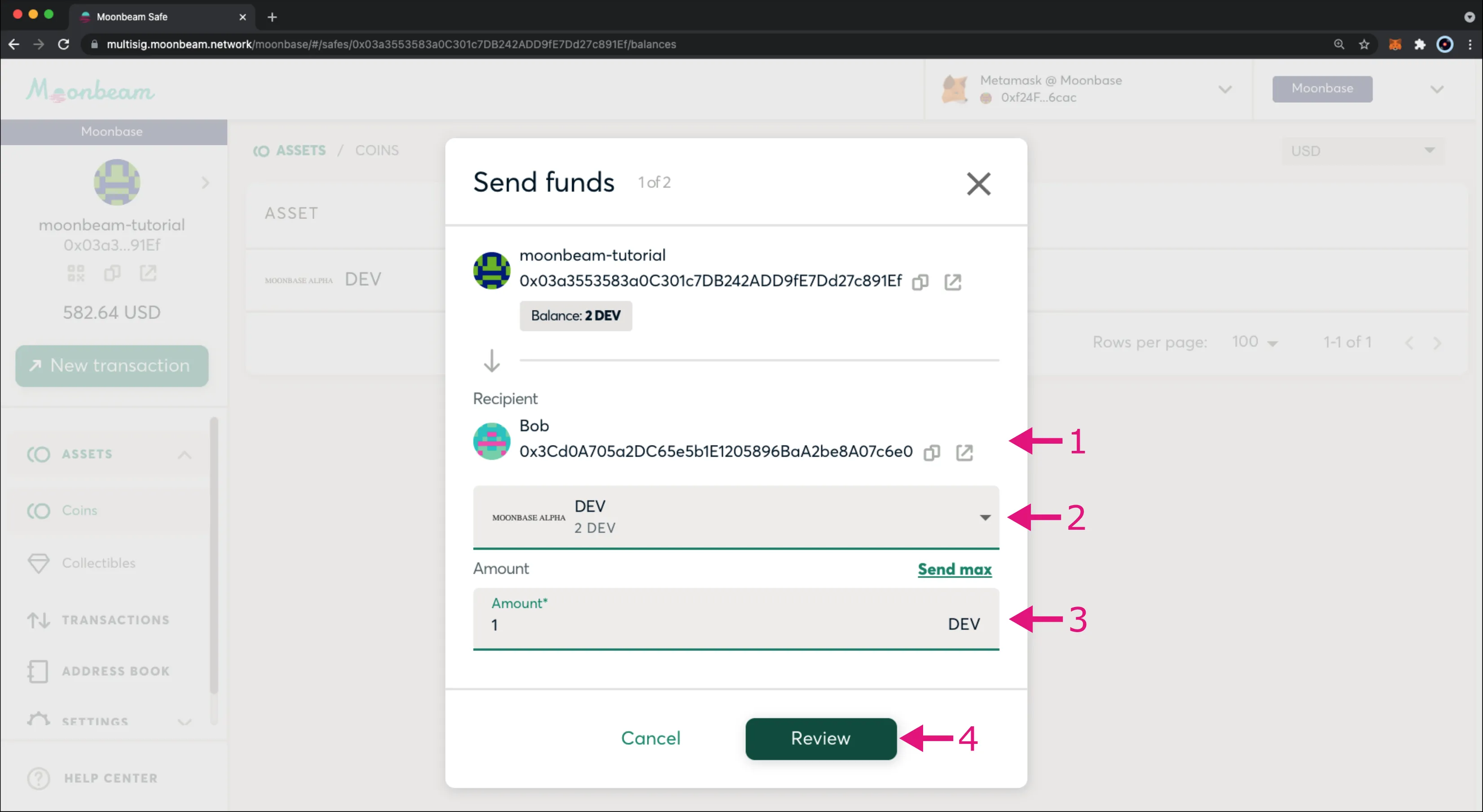 Send 1 DEV Token from the Safe to Bob