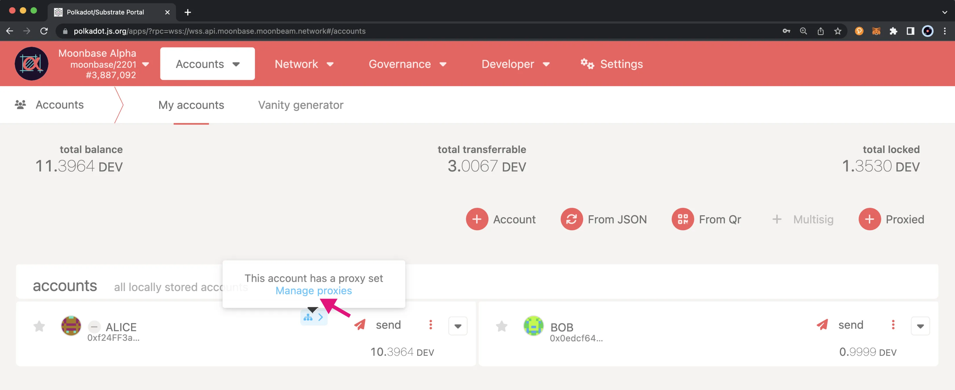 Remove a proxy account from the Extrinsics page of Polkadot.js Apps