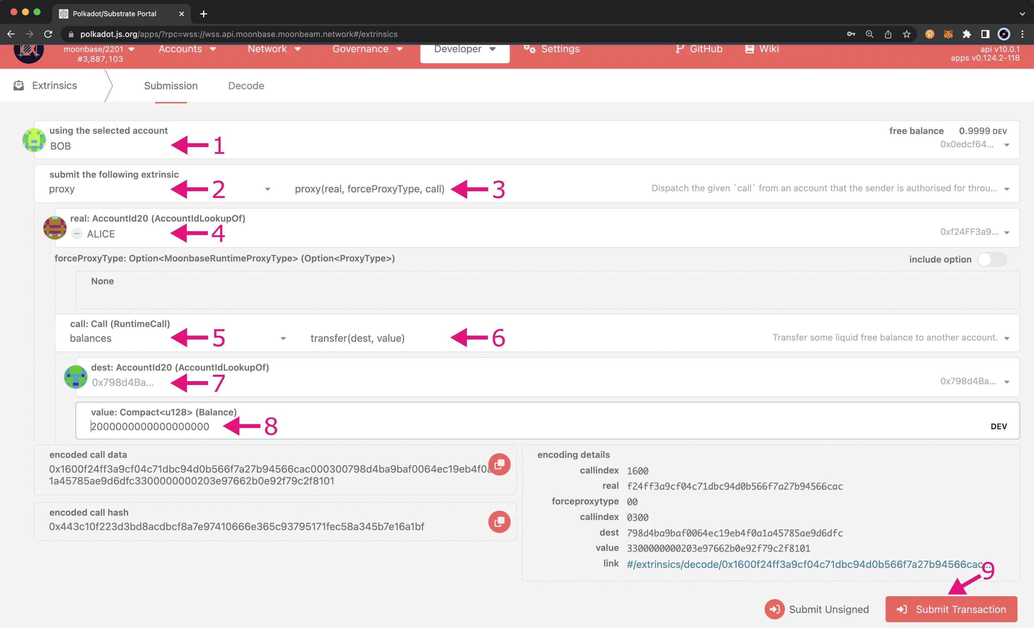 Execute a proxy transaction from the Extrinsics page of Polkadot.js Apps.
