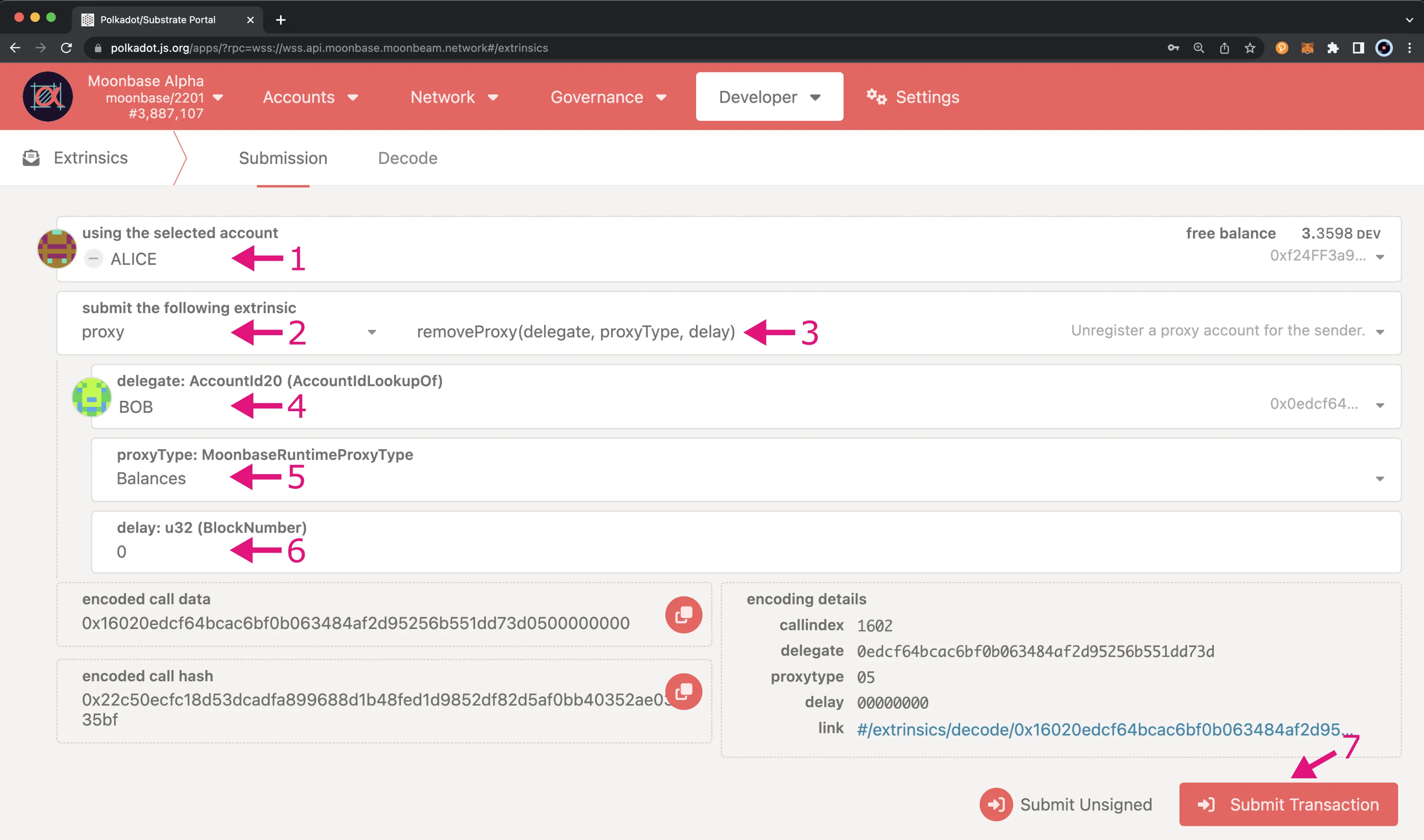 Remove a proxy account from the Extrinsics page of Polkadot.js Apps