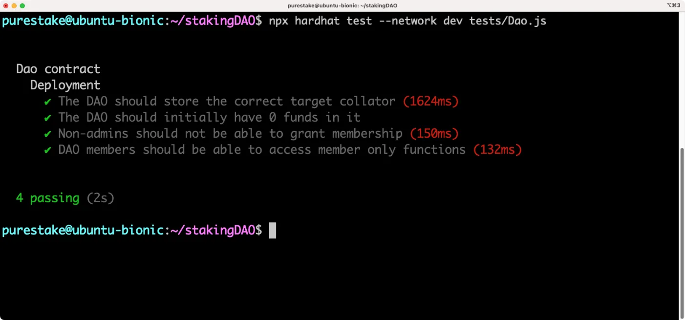 Run your test suite of test cases with Hardhat.