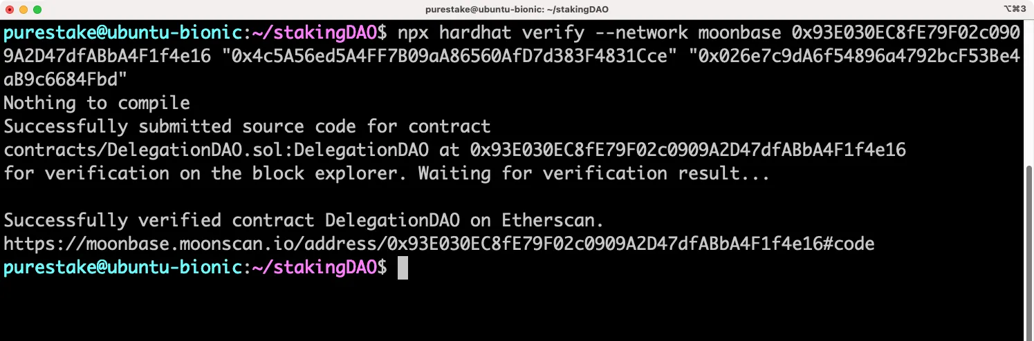 Verify contracts on Moonbase Alpha using the Hardhat Etherscan plugin.