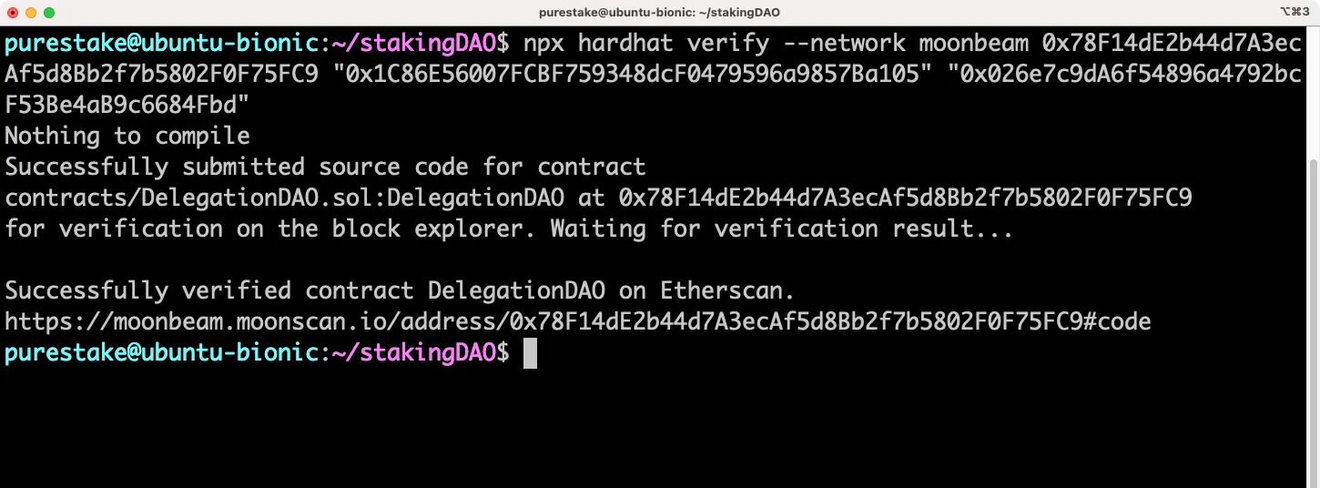 Verify contracts on Moonbeam using Hardhat Etherscan plugin.